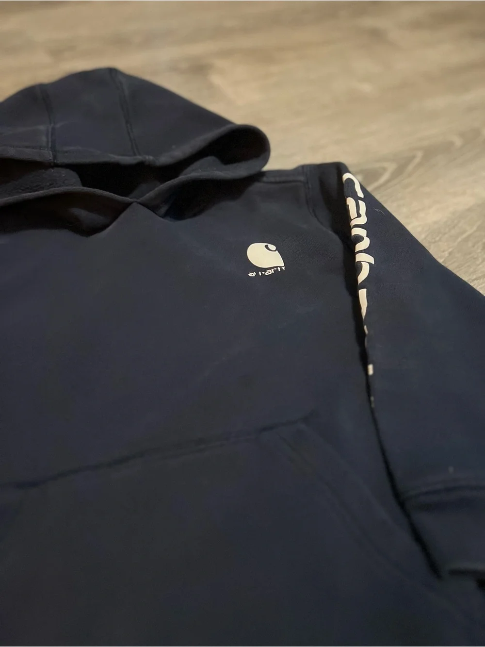 Carhartt Kids Navy Blue Pullover Hoodie with Sleeve Logo